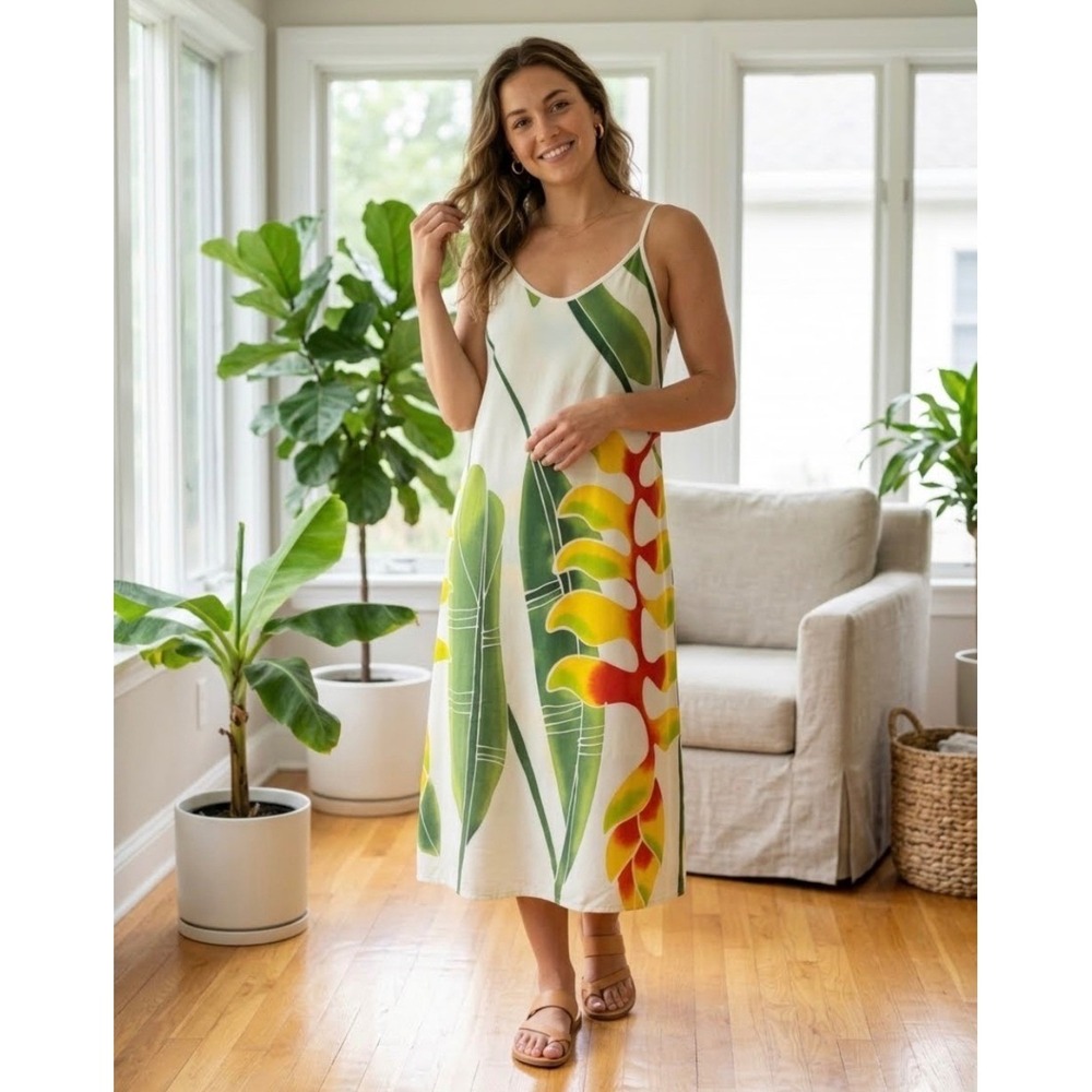 Pareo Island Tropical Midi Slip Dress M White Green Hawaii Beach Boho Vacation